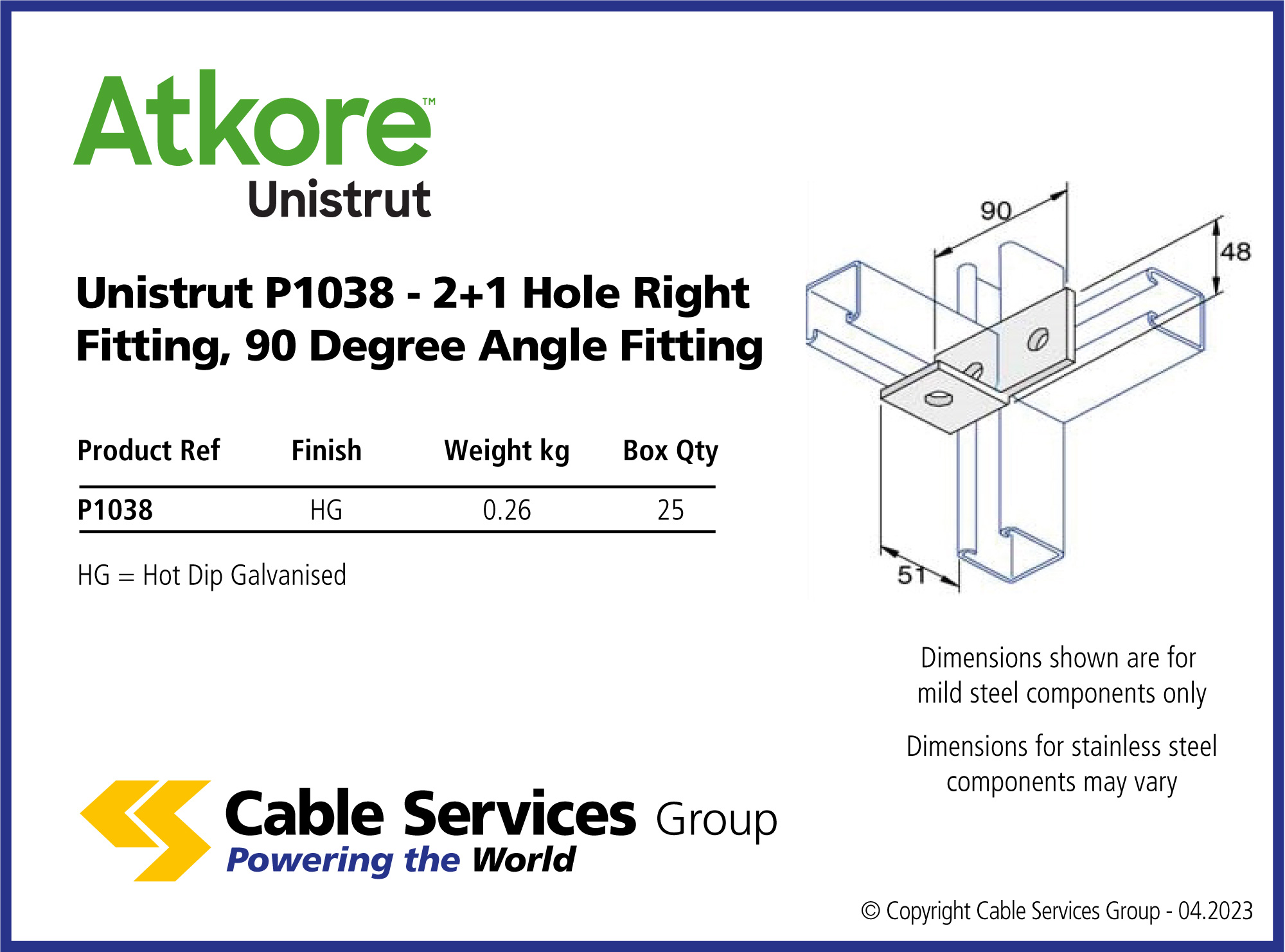 Unistrut P1038 - 2+1 Hole Right Fitting, 90 Degree Angle Fitting ...