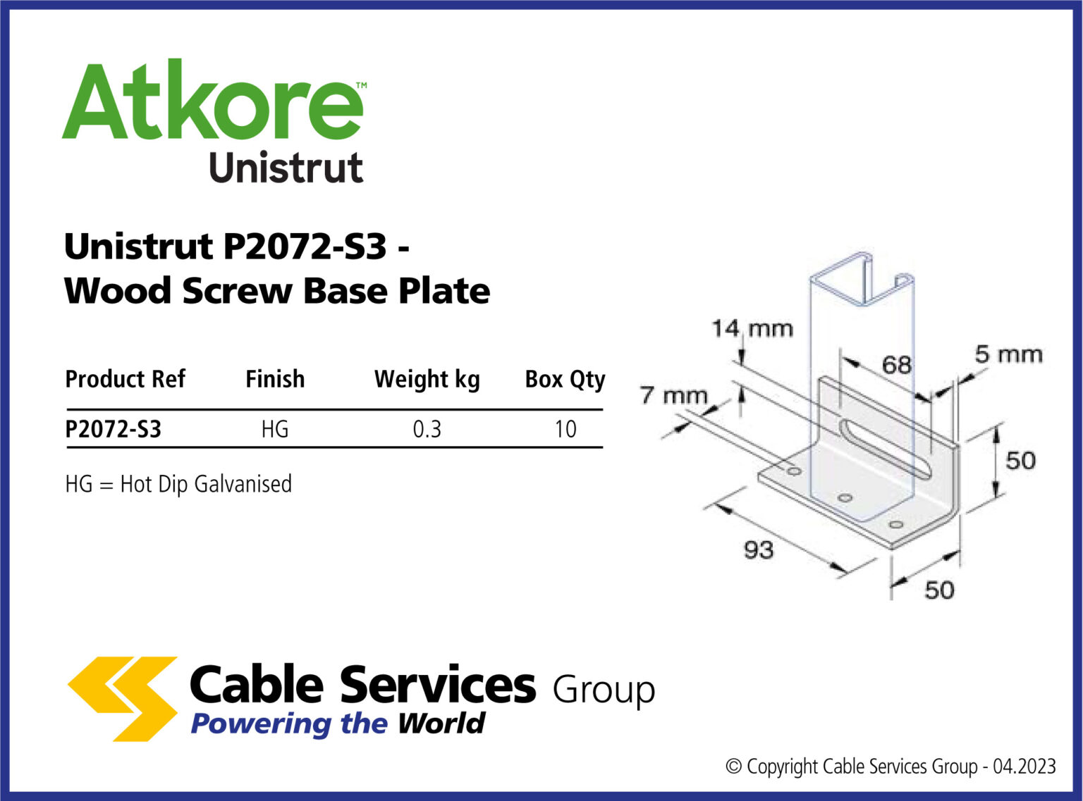 Unistrut P2072-S3 Wood Screw Base Plate - Cable Services