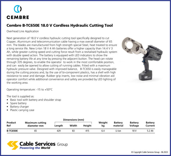 Cembre B-TC650E 18.0 V Cordless Hydraulic Cutting Tool - Cable Services